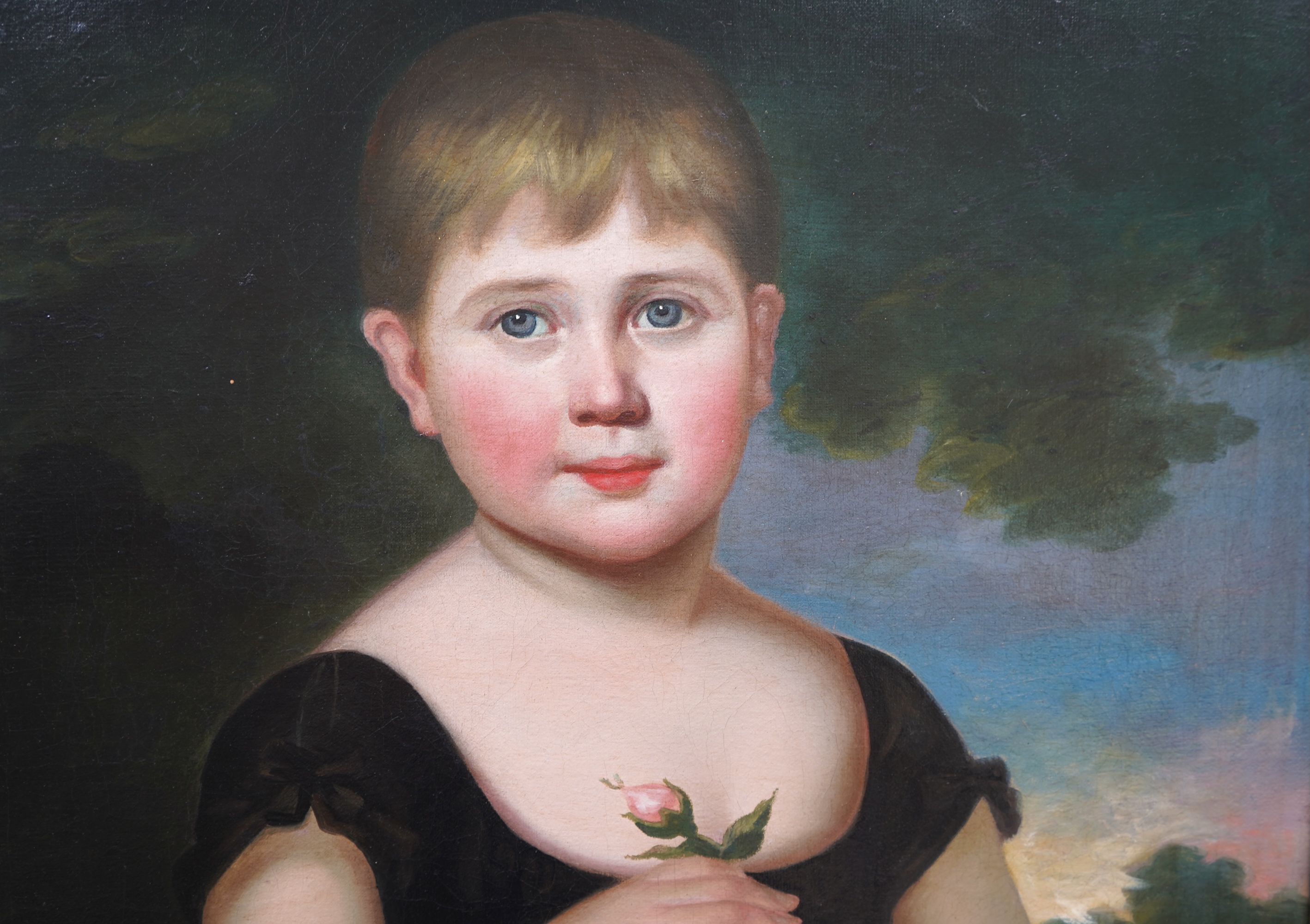 English School, 19th century, A portrait of a young child holding a posy